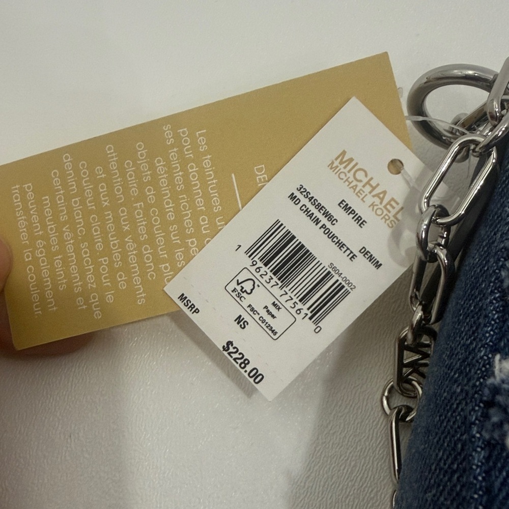 Michael Kors Empire Medium Frayed Denim Chain-Link Pochette handbag.
.NWT - Picture 3 of 12